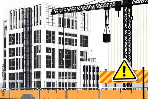 Dynamic construction site with a modern building under construction and a warning sign for safety