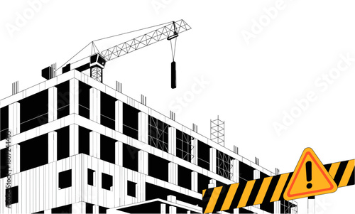 Modern building construction with crane and caution tape alerts safety concerns at construction site