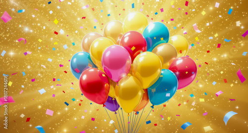 Colorful balloon cluster with chrome shine, surrounded by confetti on golden sparkling background, creating festive and joyful atmosphere