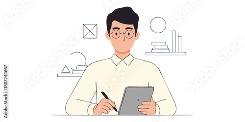 Man using a tablet for work or study with focus.