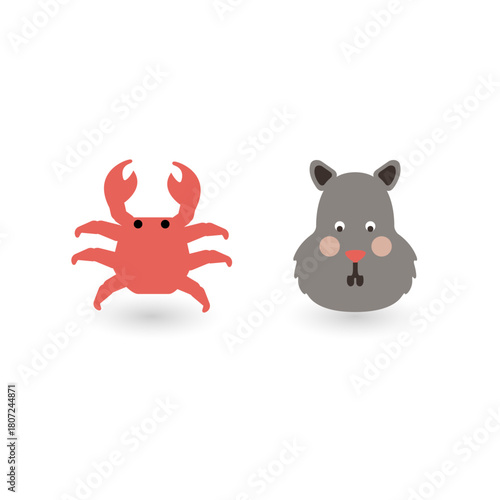 Cute cartoon illustrations of a red sea crab and a gray hamster rodent head on a white background