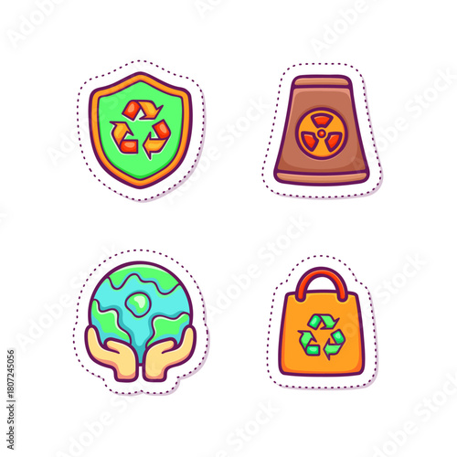 Eco-friendly icons representing conservation, recycling, and nuclear energy awareness