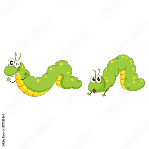 Two Playful and Happy Cartoon Caterpillars with Smiling Expressions and Green Color