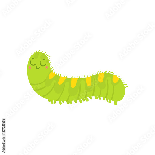 Cute smiling green caterpillar cartoon character. Adorable happy insect larva vector illustration