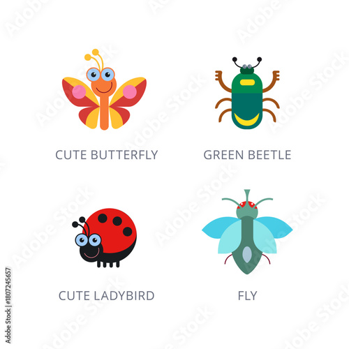 Colorful Insect Icons Butterfly, Beetle, Ladybird, and Fly Vector Illustration