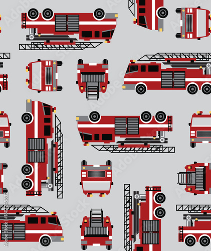 Seamless firetruck pattern. Repeating illustration with front, back and side views of the emergency vehicle on a gray background. Apparel textile print.