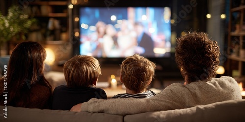 Family enjoyment during cozy movie night at home with warm lighting and a large screen
