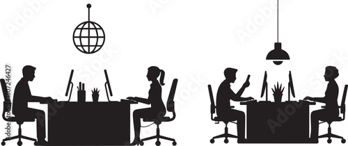 Silhouettes of office workers at desks with disco ball and hanging light fixture