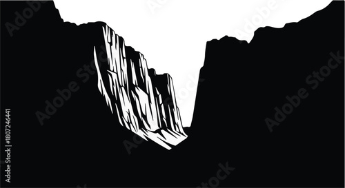 Dramatic black and white illustration of a deep canyon revealing a bright sky above.