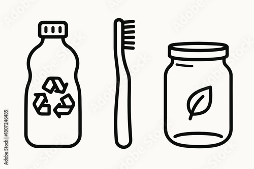 Icons of sustainable items: a recycling bottle, toothbrush, and a jar with a leaf symbol