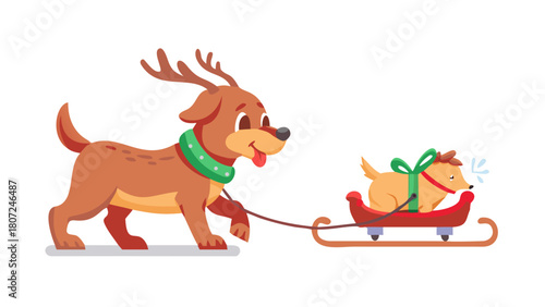 A playful puppy dressed as a reindeer pulling a tiny toy sleigh .vector icon