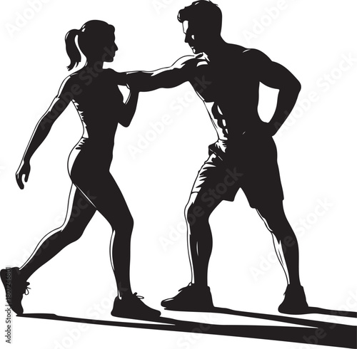 Silhouettes of a man and woman exercising together in a gym