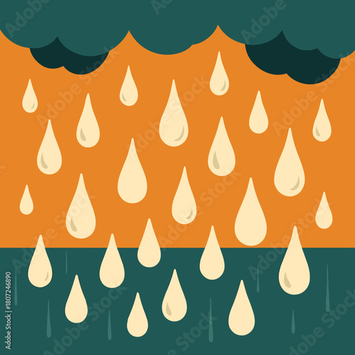 Stylized rain drops falling from dark clouds in a colorful illustration