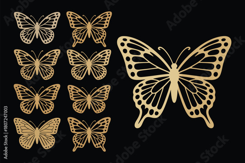Elegant Gold Butterfly Silhouettes on Black Background for Creative Projects and Designs