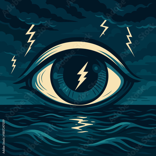 Surreal eye illustration with lightning and ocean waves in a dramatic night setting