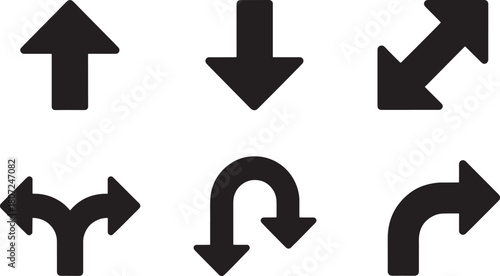 Collection of Six Black Arrows Showing Different Directions Keywords: arrows, direction, movement
