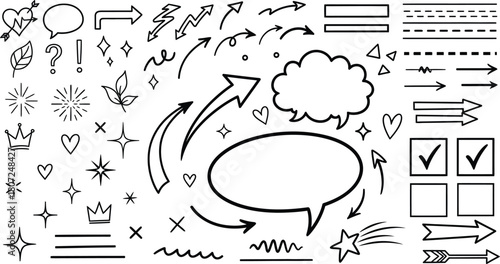 Hand drawn doodle elements arrows speech bubbles stars hearts and checkmarks
