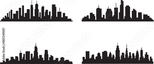Four distinct black and white city skylines are positioned against a transparent backdrop