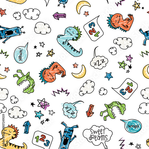 Seamless doodle monster vector pattern. Fun repeating illustration with sleepy monsters, clouds, moon and stars on a white background. Apparel textile print.