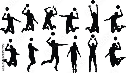 Female volleyball players silhouettes set, vector illustration of girls jumping and spiking ball, active sport team figures isolated on white background.