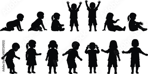 Happy children silhouettes set, vector collection of kids playing, crawling baby, sitting toddler, boy and girl standing, isolated on white background.