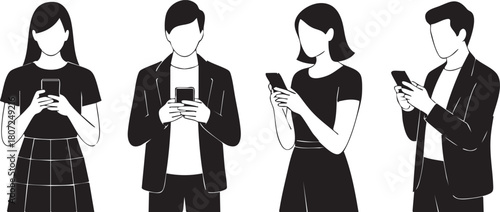Four faceless diverse people are looking at smartphones in an isolated white background