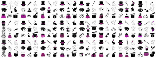 Seamless Pattern of Magic Show and Illusion Icons: Top Hats, Rabbits, Wands, Doves, Cards, and Illusion Props.