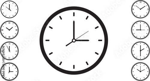 Set of various clock faces showing different times, with a large central clock.