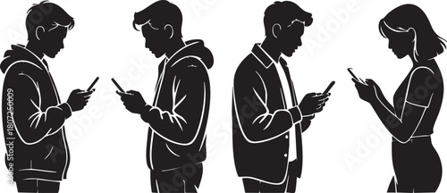 Silhouetted diverse young adults are intently using smartphones against a crisp white transparent background