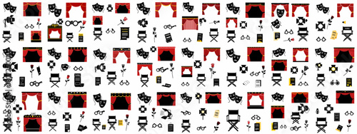 Theater and Drama Icons Seamless Pattern: Stage Curtains, Masks, Spotlights, Director's Chairs, and Playbills repeating background.
