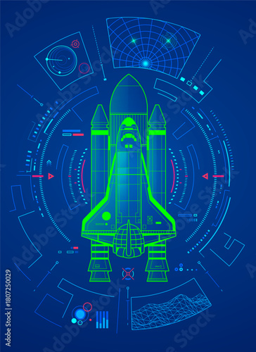 concept aerospace technology or space engineering, graphic of lined spaceship with futuristic interface