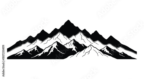 Majestic mountain range silhouette against a stark white background, evoking adventure and natural beauty.