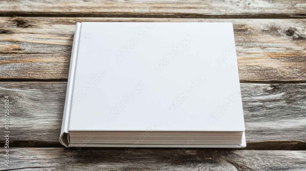 Fototapeta premium A blank white photo book resting on a wooden surface, ready for customization or memories