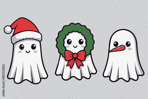 Cute Christmas Ghost Characters – Hand-Drawn Kawaii Holiday Vector Set