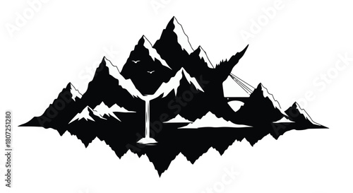 Dramatic black and white illustration of a majestic mountain range with a waterfall and bridge.