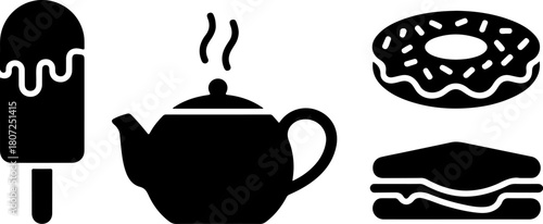 Summer sweeties with ice cream bar on stick hot tea kettle and sugary donut and sandwich for fast street food for tasty eating