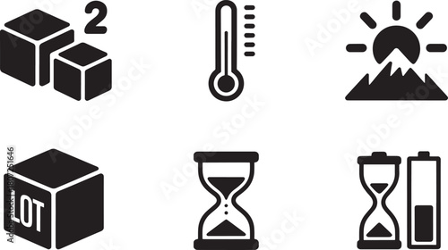 Icons representing quantity, temperature, weather, and time on white Keywords: icon, symbol, set