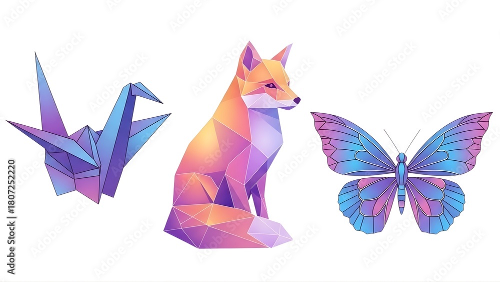 Obraz premium Geometric origami animal art print poster design fox butterfly crane illustration graphic design vector on transparent background