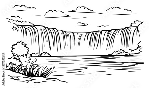 Powerful waterfall cascading over rocky cliff – roaring river plunging into serene pool natural landscape hand‑drawn artwork