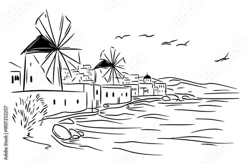 Mediterranean coastal windmill village – scenic whitewashed houses with rotating sails overlooking tranquil seaside bay line drawing