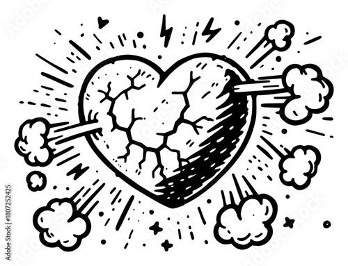Broken heart bursting with cracks – dramatic love breakup explosion cartoon line art design