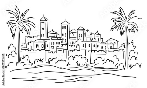 Historic desert city with palm trees – walled settlement skyline towers rising above oasis line art