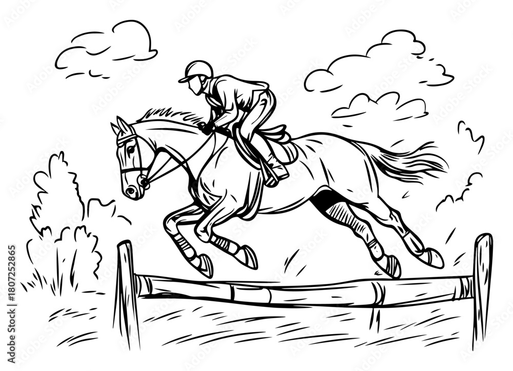 Fototapeta premium Horse and rider jumping fence – dynamic equestrian show‑jumping sports illustration