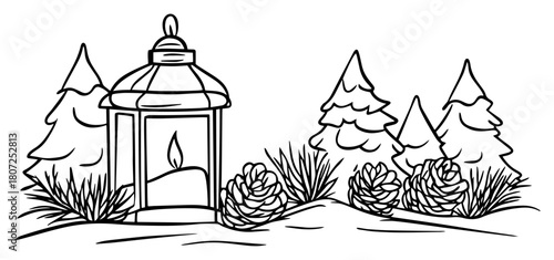 Snowy forest with lantern and pinecones – cozy winter holiday scene hand‑drawn sketch