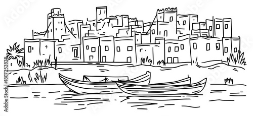Rustic Mediterranean harbor village – clustered houses above water with fishing boats line drawing
