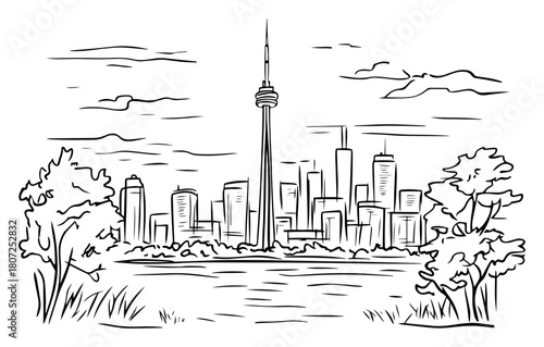 Toronto skyline with CN Tower – Canadian cityscape reflected in lake fine line illustration