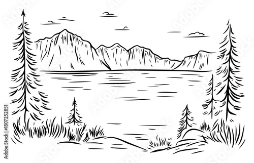 Mountain lake surrounded by evergreen forest – serene alpine scenery line art