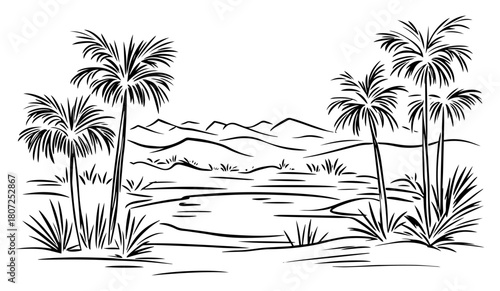 Desert oasis with palm trees – secluded water pond amidst sand dunes exotic landscape sketch