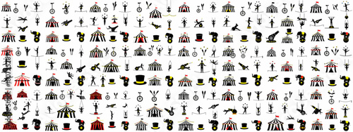 Seamless black and red circus icon pattern featuring big top tents, acrobats, jugglers, elephants, and performance equipment on a white background.