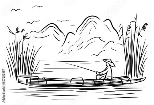 Fisherman paddling narrow boat in reed lake – tranquil mountain backdrop Asian landscape drawing